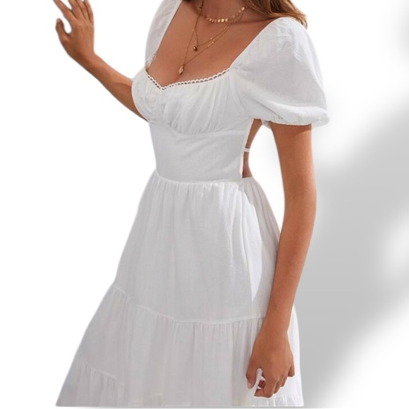 White Flowy Sweetheart Neck Puff Sleeve Dress - Picture 1 of 14